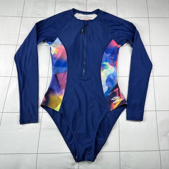Axesea Swimsuit Womens 4 Blue Watercolor Rash Guard Long Sleeve Sun Protection - Picture 2 of 9